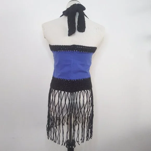 Sexy Boho Handmade DOUBLE DARE Royal Blue Cropped Halter Top w/ Fringes - Picture 3 of 7